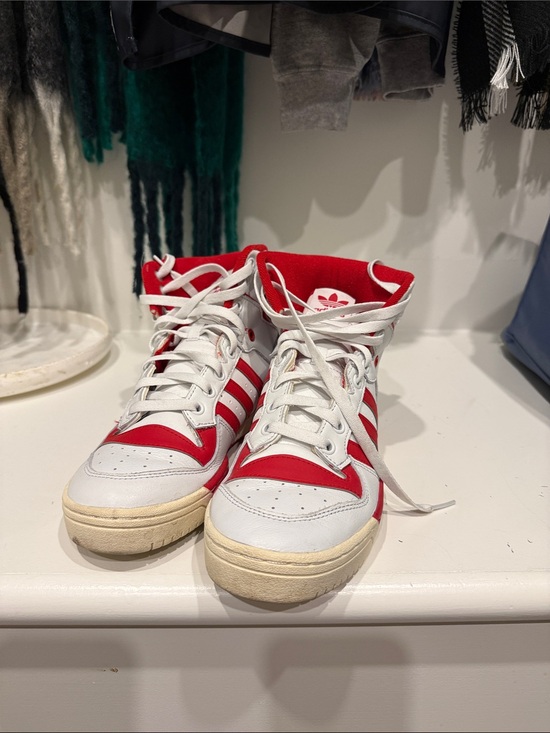 adidas Shoes - adidas White and Red High-Top Sneakers with Classic Three Stripes